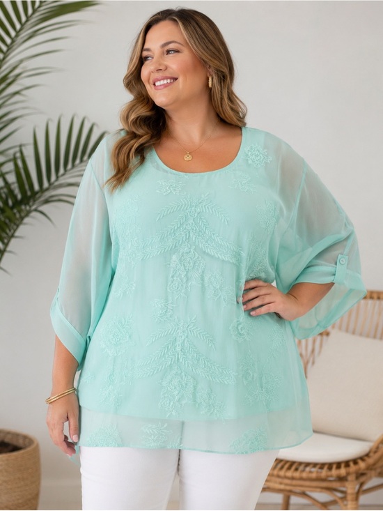 Ali Miles Tops - Ali Miles Seafoam Green Embroidered Layered Tunic Top 2X